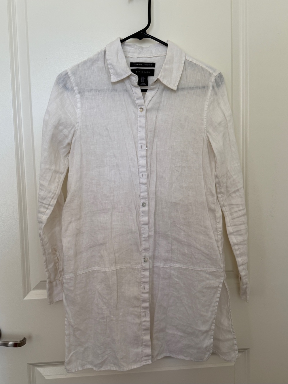 Tahari White Linen Long Button Front Shirt